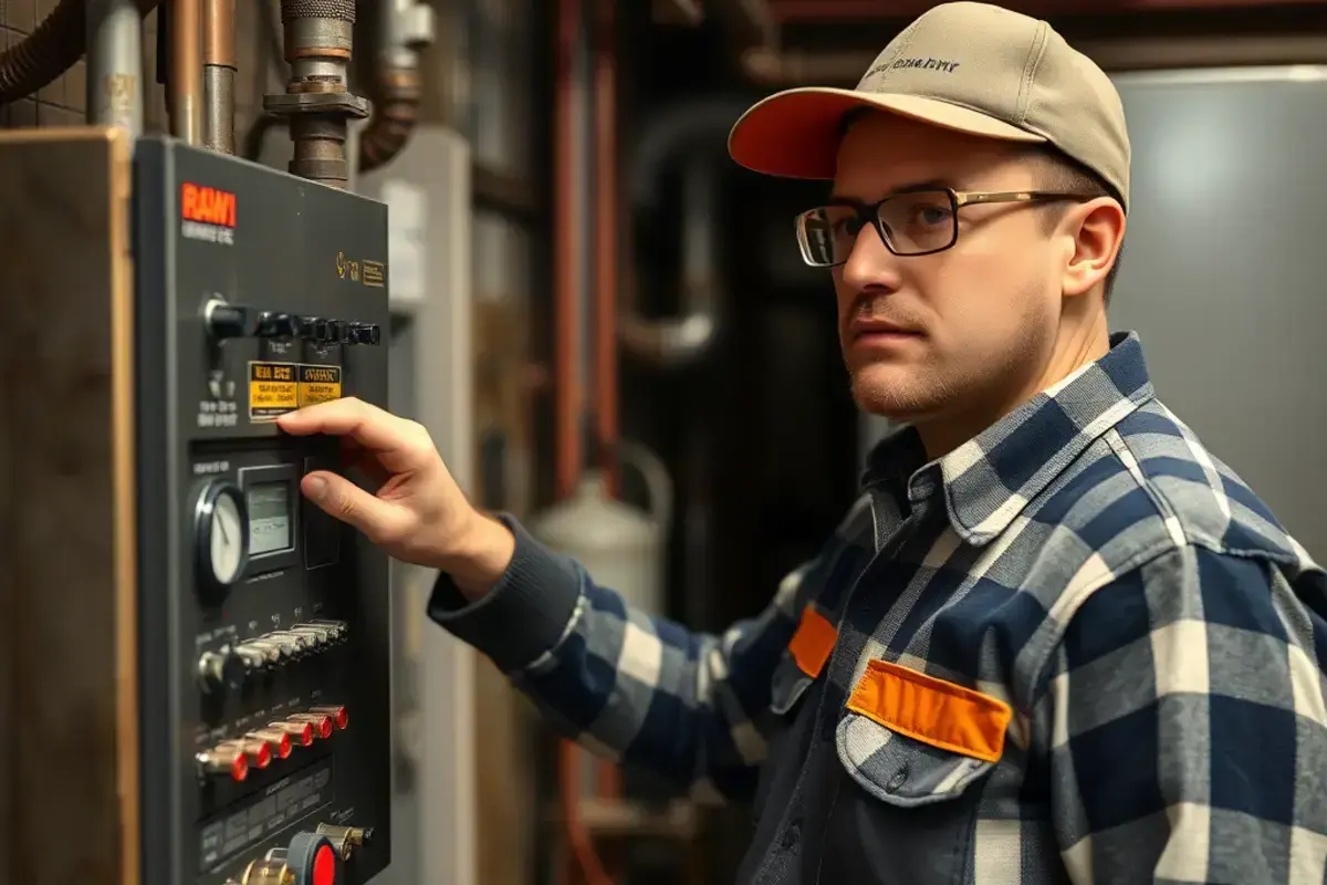 Professional HVAC technician checking boiler controls